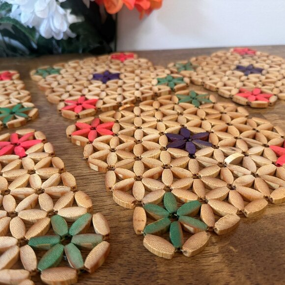 Vintage Bamboo Woven Trivets Beaded Flower Potholders Set – Mid-Century Boho Kit - Picture 5 of 6
